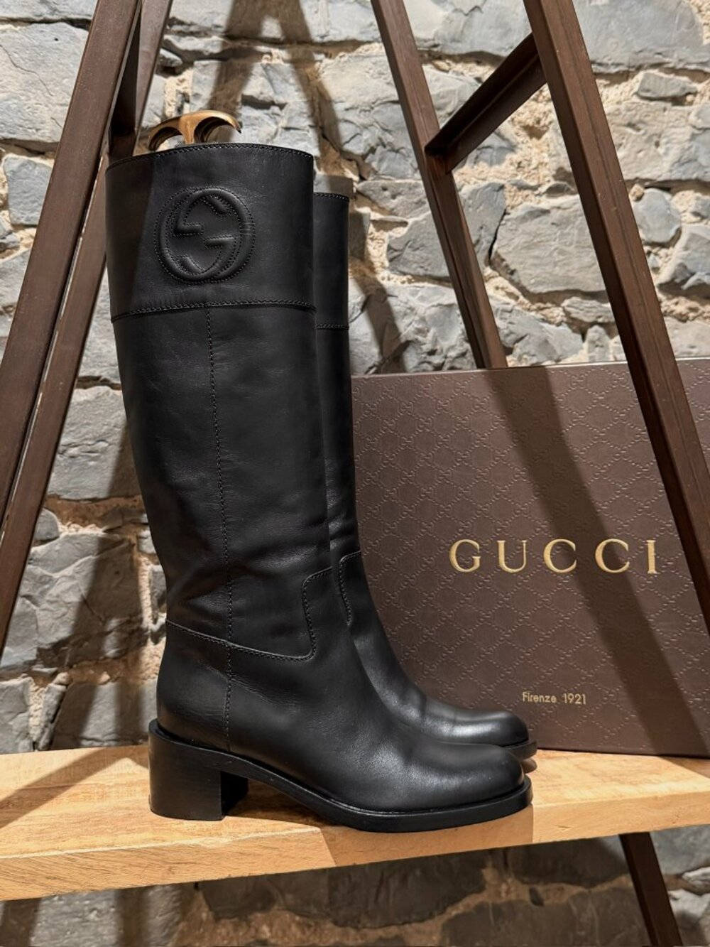 Gucci Black Smooth Leather GG Soho Logo Heeled Riding Boots